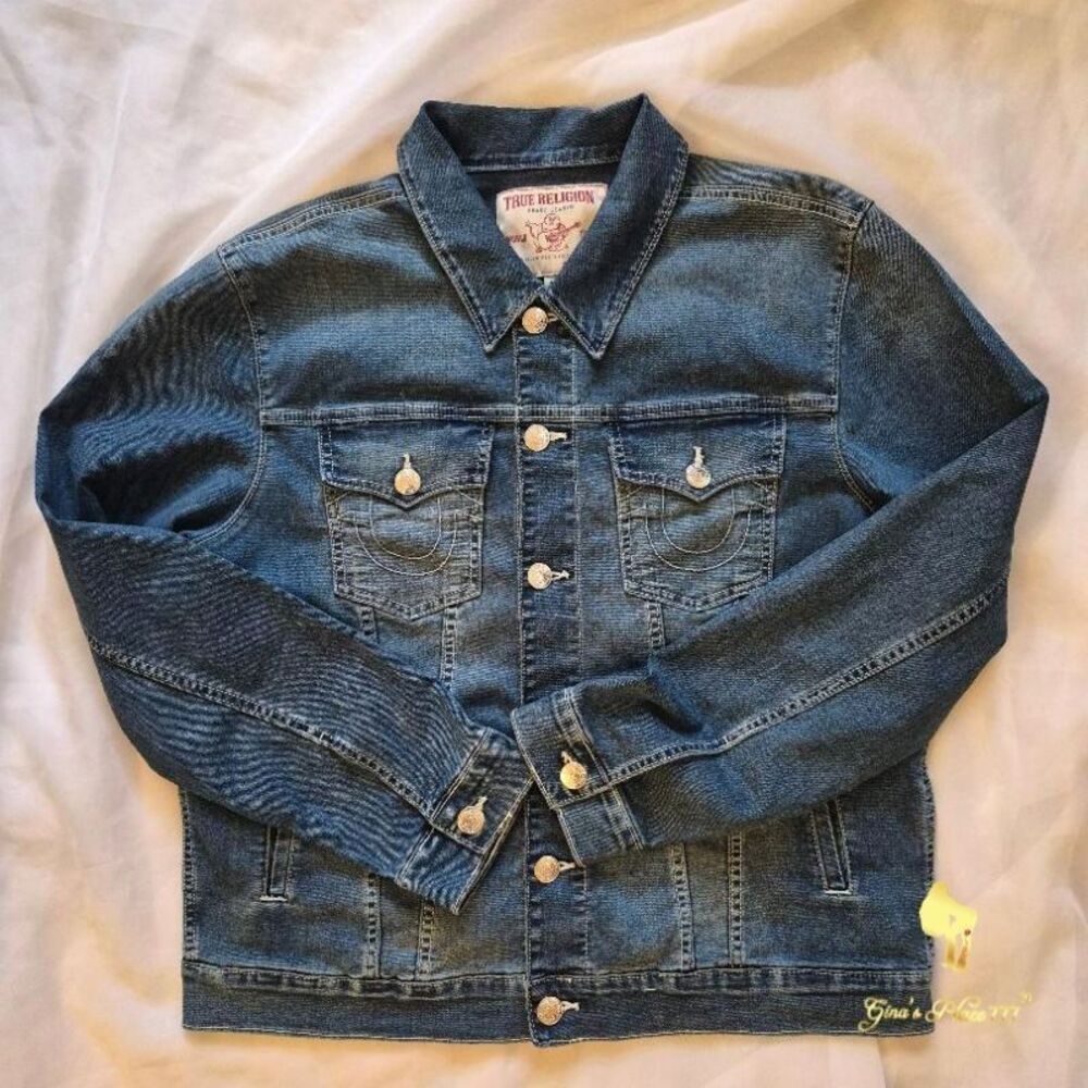 NWT True Religion Men’s Jesse SN Trucker Denim Jean Jacket Medium Flake, Size L - Picture 2 of 16